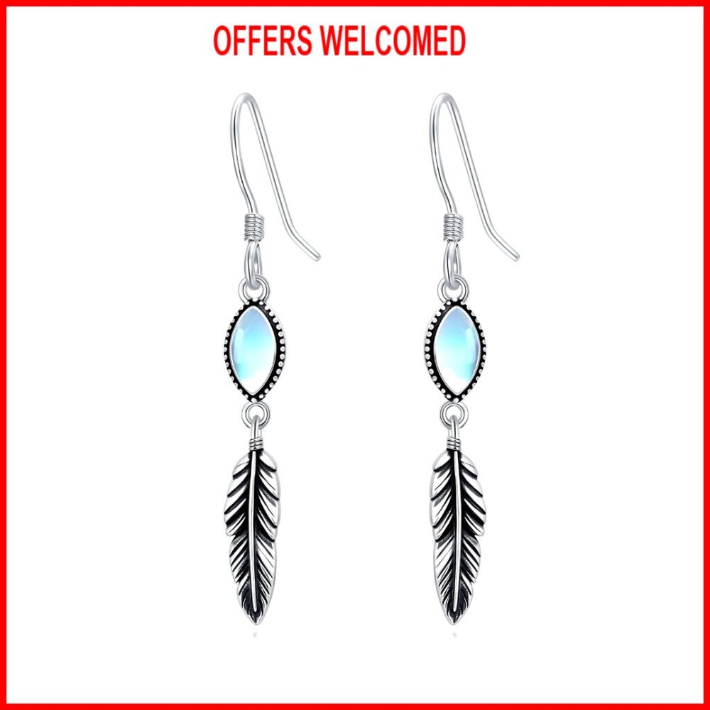 925 Sterling Silver Feather Drop Dangle Earrings Western Boho Vintage